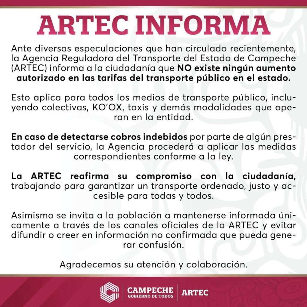 ARTEC no respalda aumento de tarifa en colectivos de Campeche - Carxcter Campeche