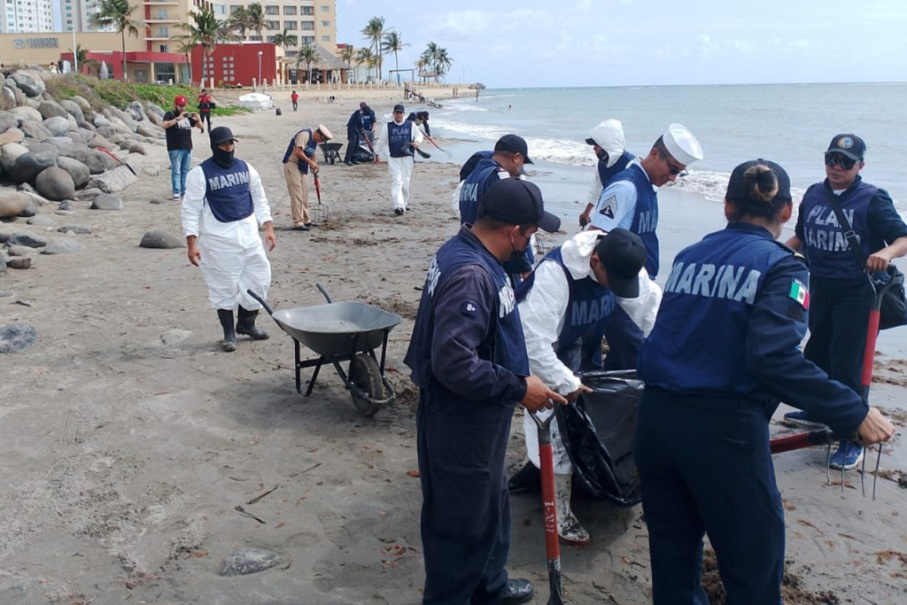 Personal de la Secretaría de Marina realizando limpieza de hidrocarburo en playas de Veracruz - Carxcter Campeche