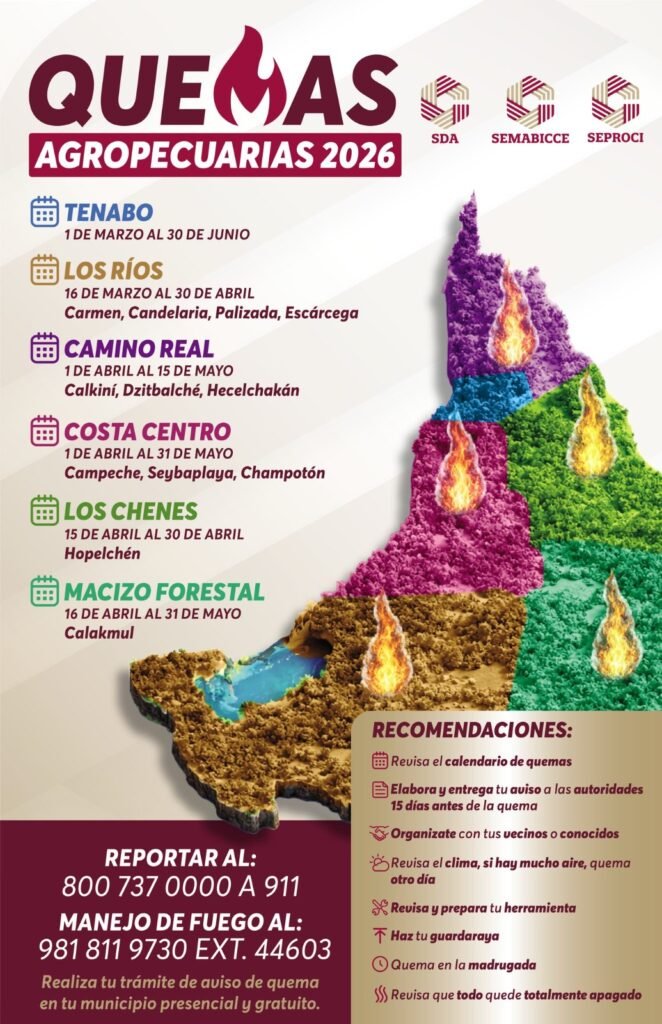 1. Infografía oficial del Calendario de Quemas 2026 en el estado de Campeche por regiones - Carxcter Campeche