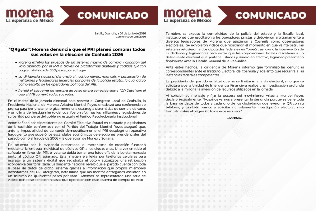 Comunicado de Morena, denuncia irregularidades en la jornada electoral de Coahuila - Carxcter Campeche